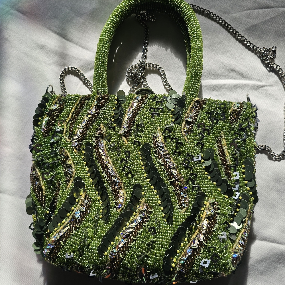 nwot Green Beaded Handbag with Chain Strap